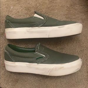 Olive Green Raw Hem Vans Slip Ons